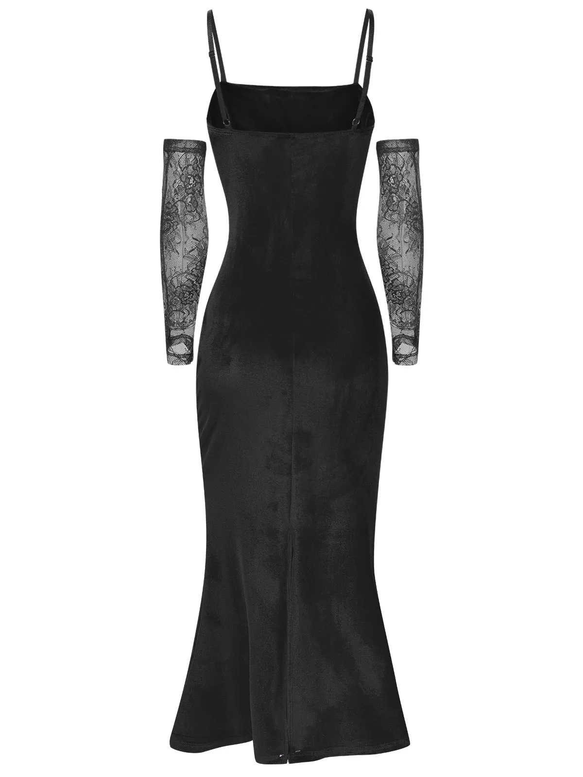 1930er Solide Spitze Patchwork Samt Fischschwanzkleid