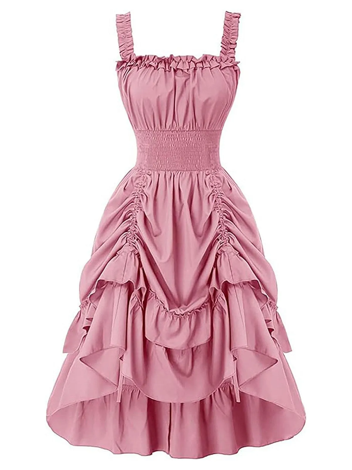 1930s Solid Square Neck Drawstring Layered Dress