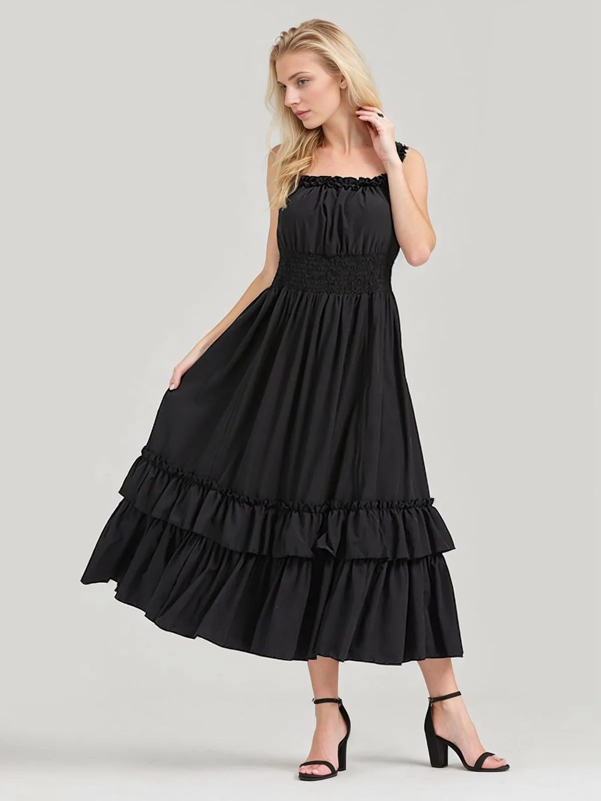 1930s Solid Square Neck Drawstring Layered Dress
