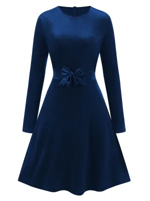 1940er Samt Solide Lange Ärmel Bogen Kleid