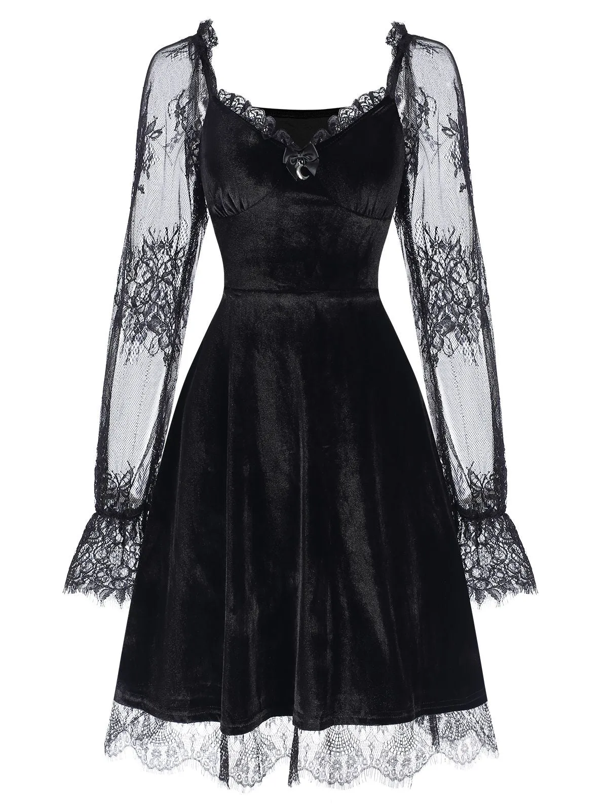1940er Samt Spitze Ausgestelltes Patchwork Kleid