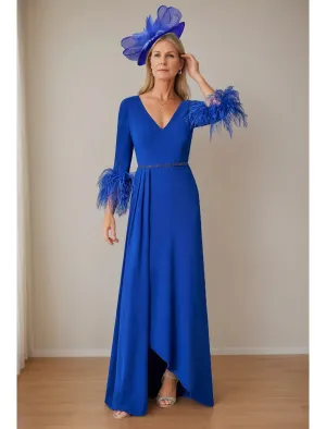 A-Line Mother of the Bride Dress Elegant Simple High Low Floor Length Stretch Fabric with Feather Pleats