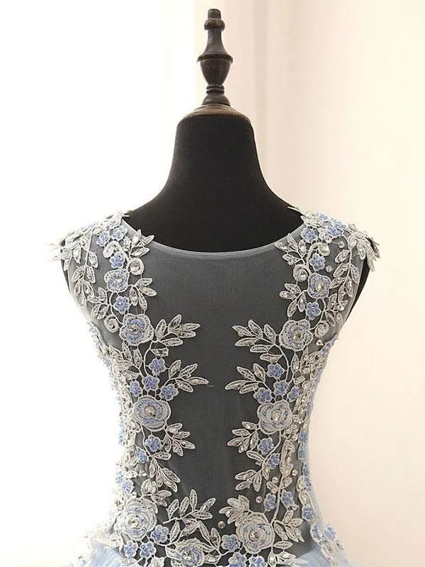 A-line Scoop-Neck Floor-Length Tulle Appliqued Rhine Stone Prom Dress Floor Length Wholesale