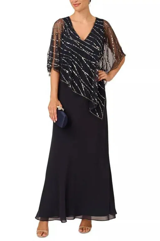 Adrianna Papell Sleeveless V-Neck Beaded Popover Chiffon Gown