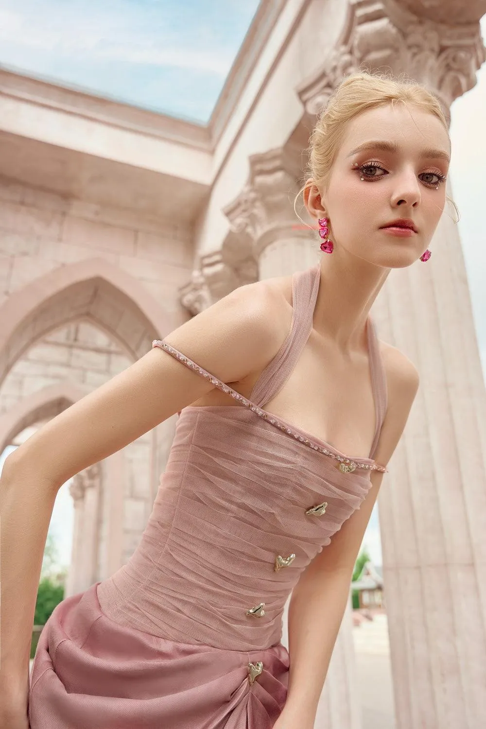 Aphrodite Sarong Waist Pleated Satin Floor Length Dress