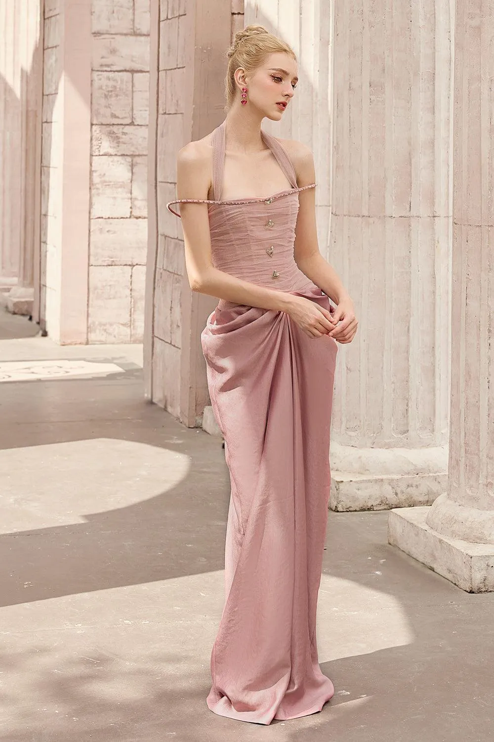 Aphrodite Sarong Waist Pleated Satin Floor Length Dress