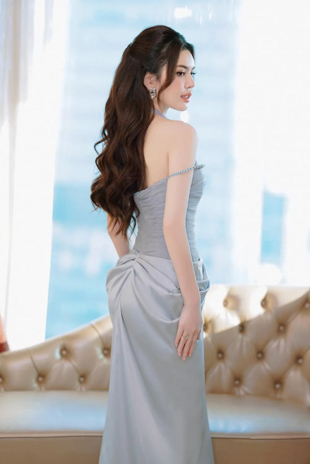Aphrodite Sarong Waist Pleated Satin Floor Length Dress