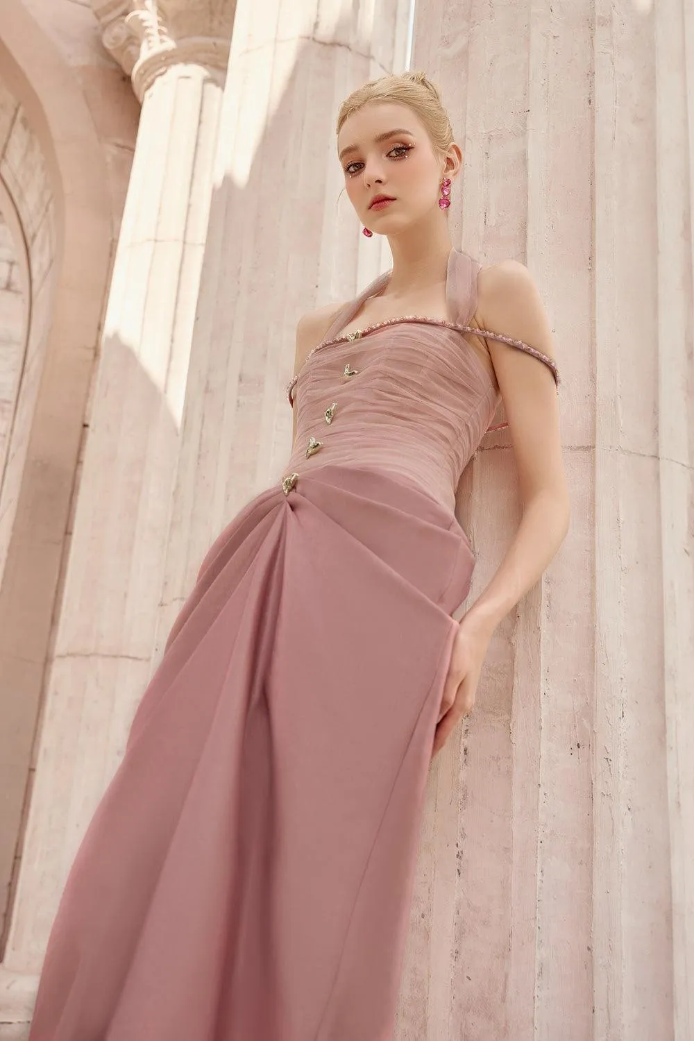 Aphrodite Sarong Waist Pleated Satin Floor Length Dress