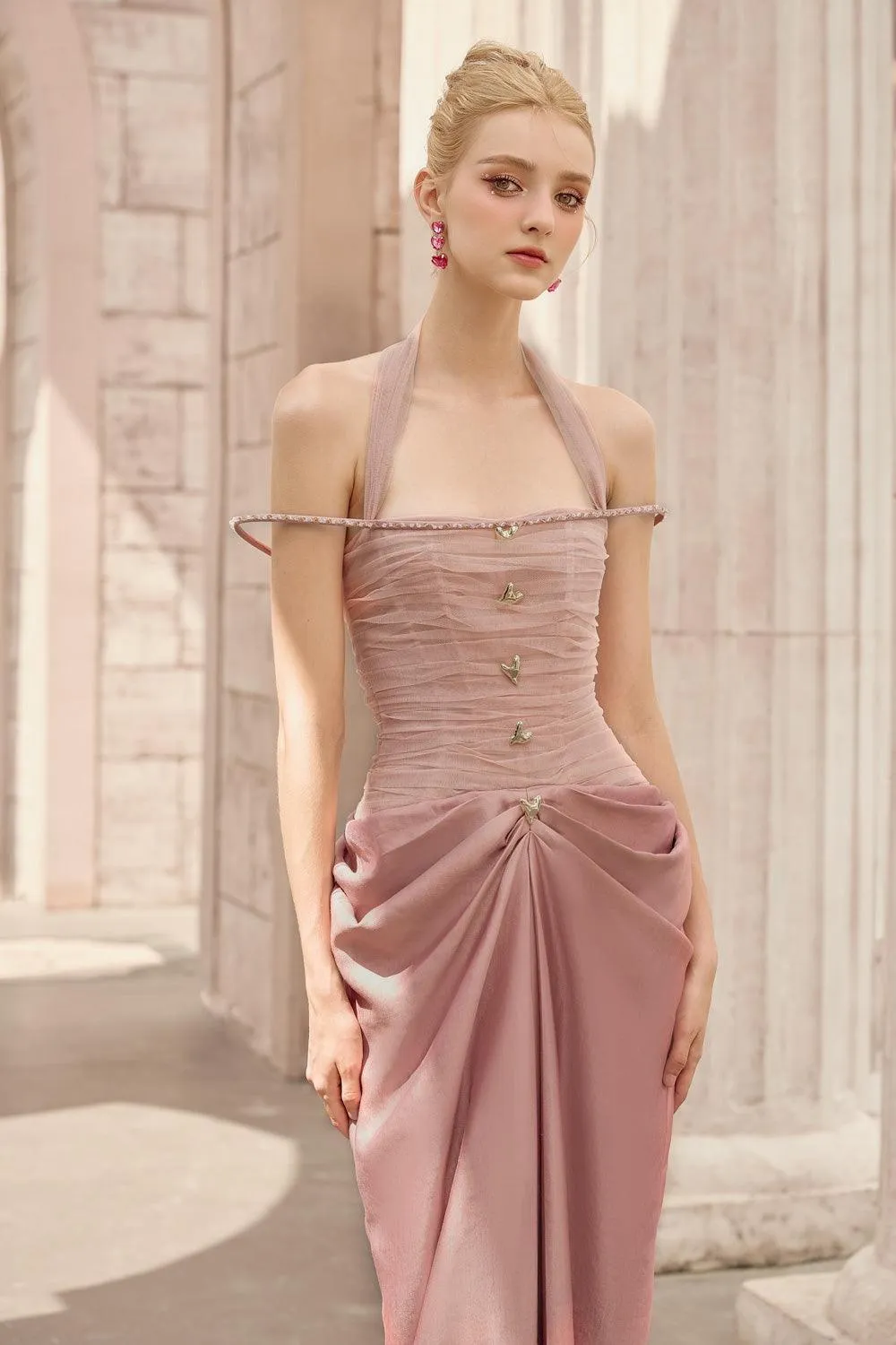 Aphrodite Sarong Waist Pleated Satin Floor Length Dress