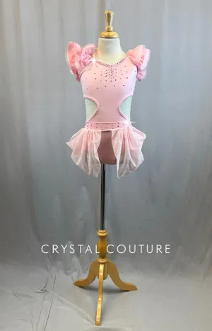 Baby Pink Leotard With Ruffle Sleeves and Cutouts- Rhinestones