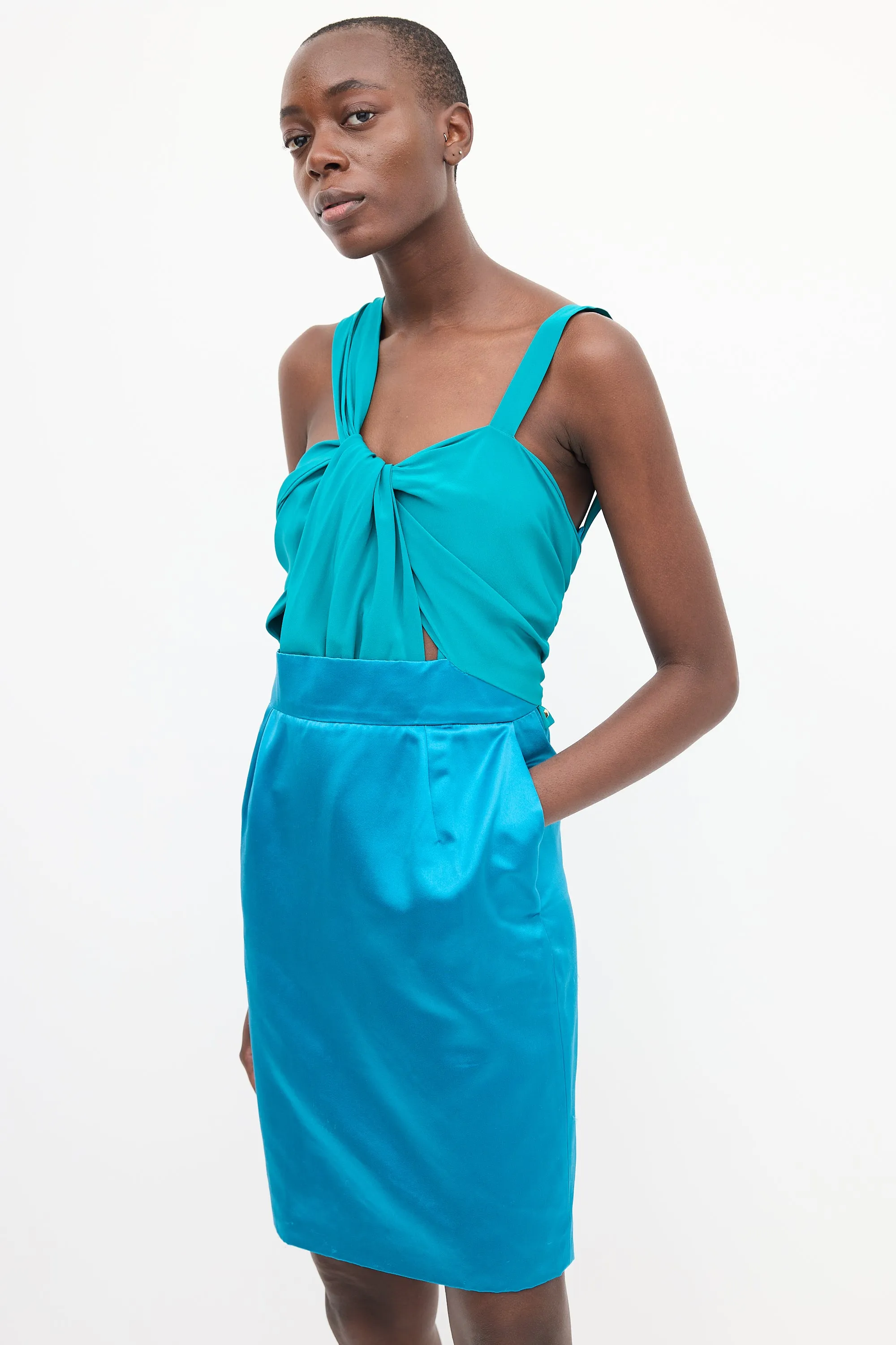 Blue & Green Silk Colourblock Dress