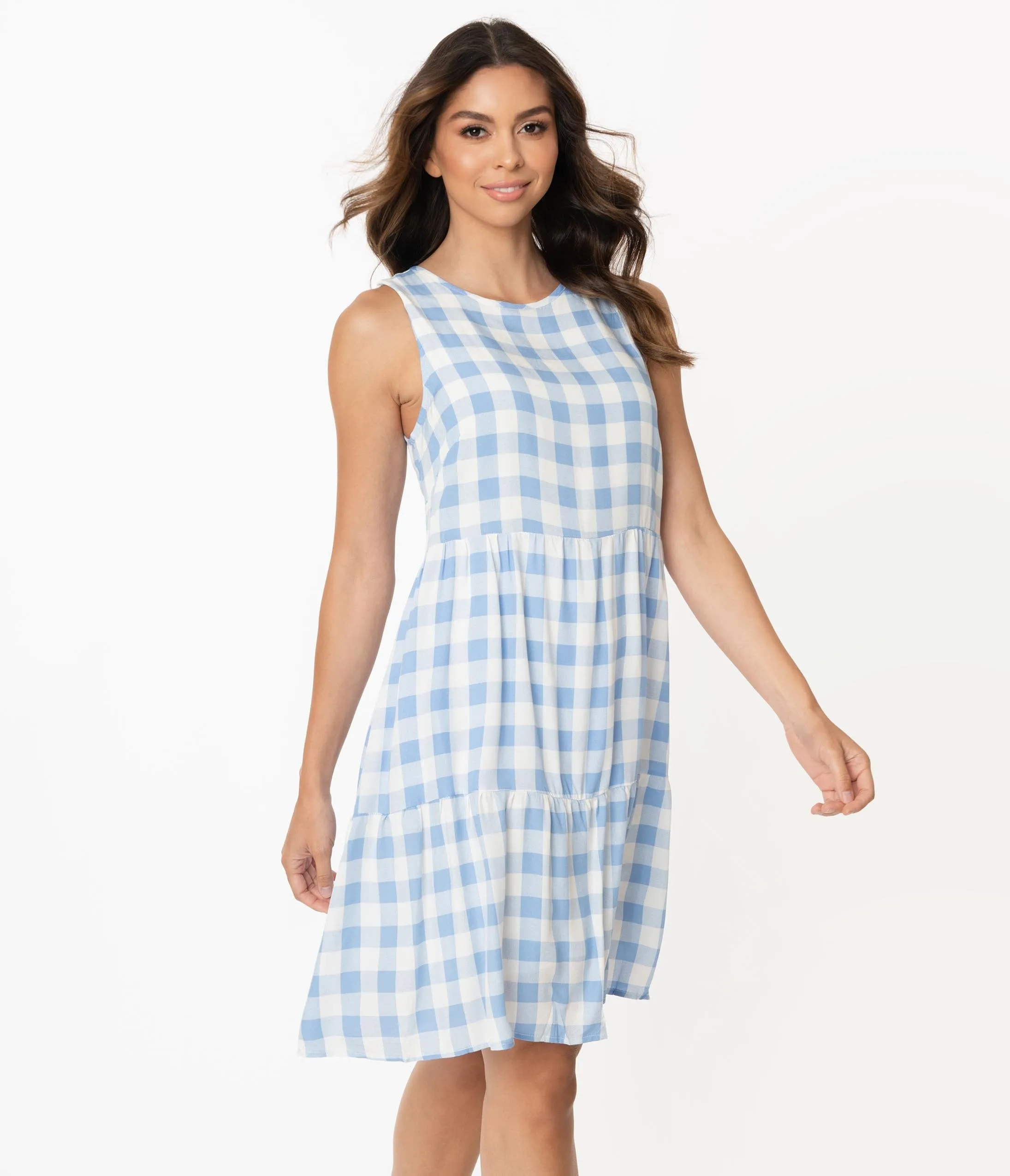 Blue & White Gingham Casual Tunic Dress