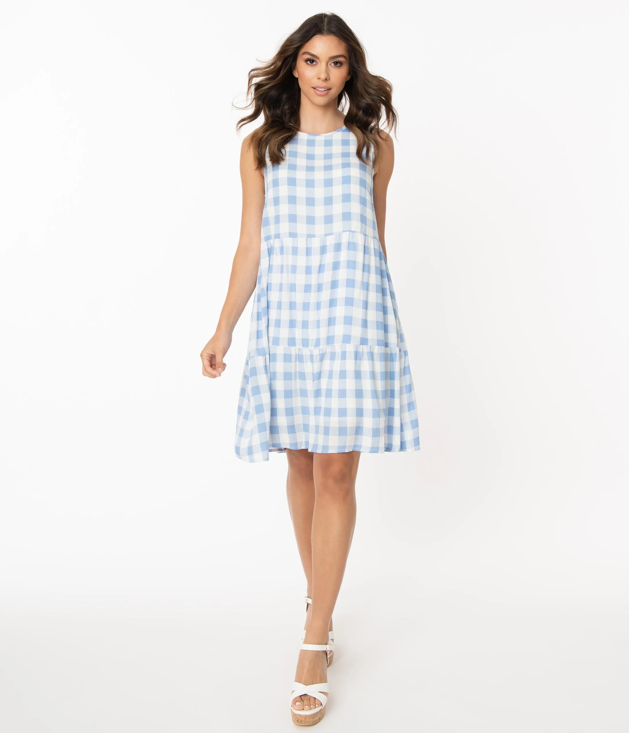 Blue & White Gingham Casual Tunic Dress