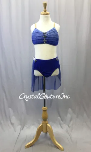 Blue Ombre Mesh 2-Piece Bra Top and Briefs w/Back Skirt - Swarovski Rhinestones