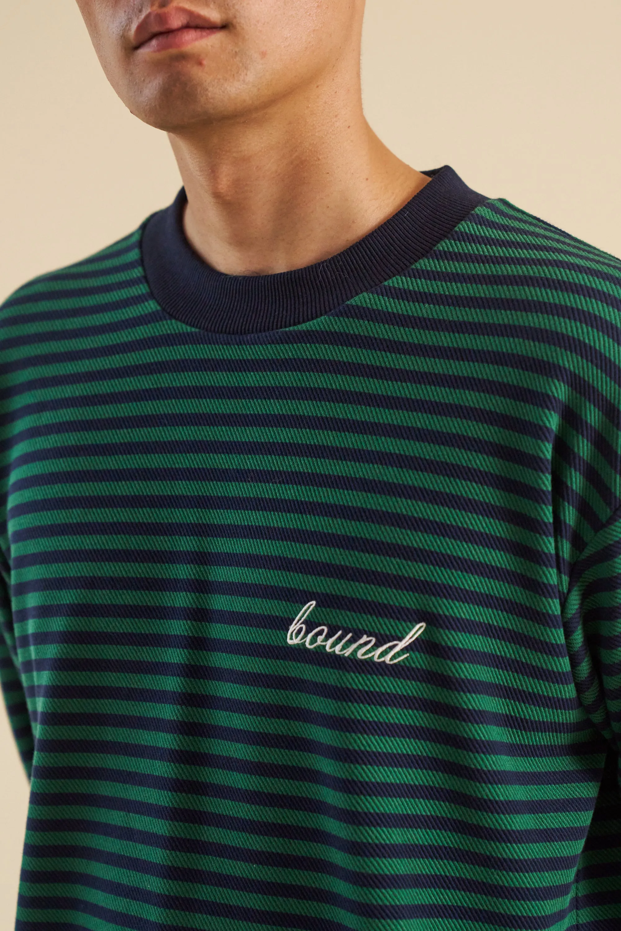 bound Navy & Green Textured Stripe LS Tee