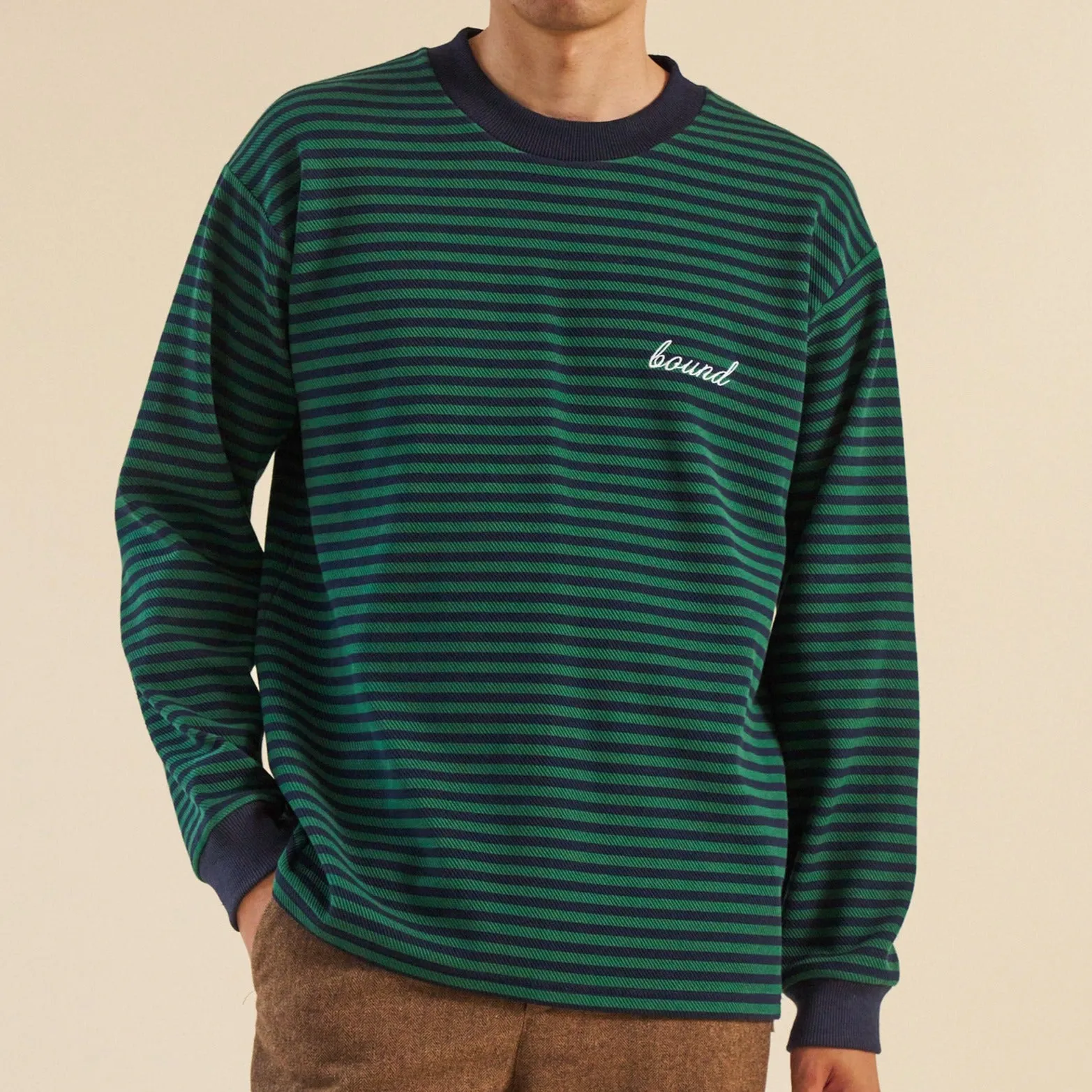 bound Navy & Green Textured Stripe LS Tee