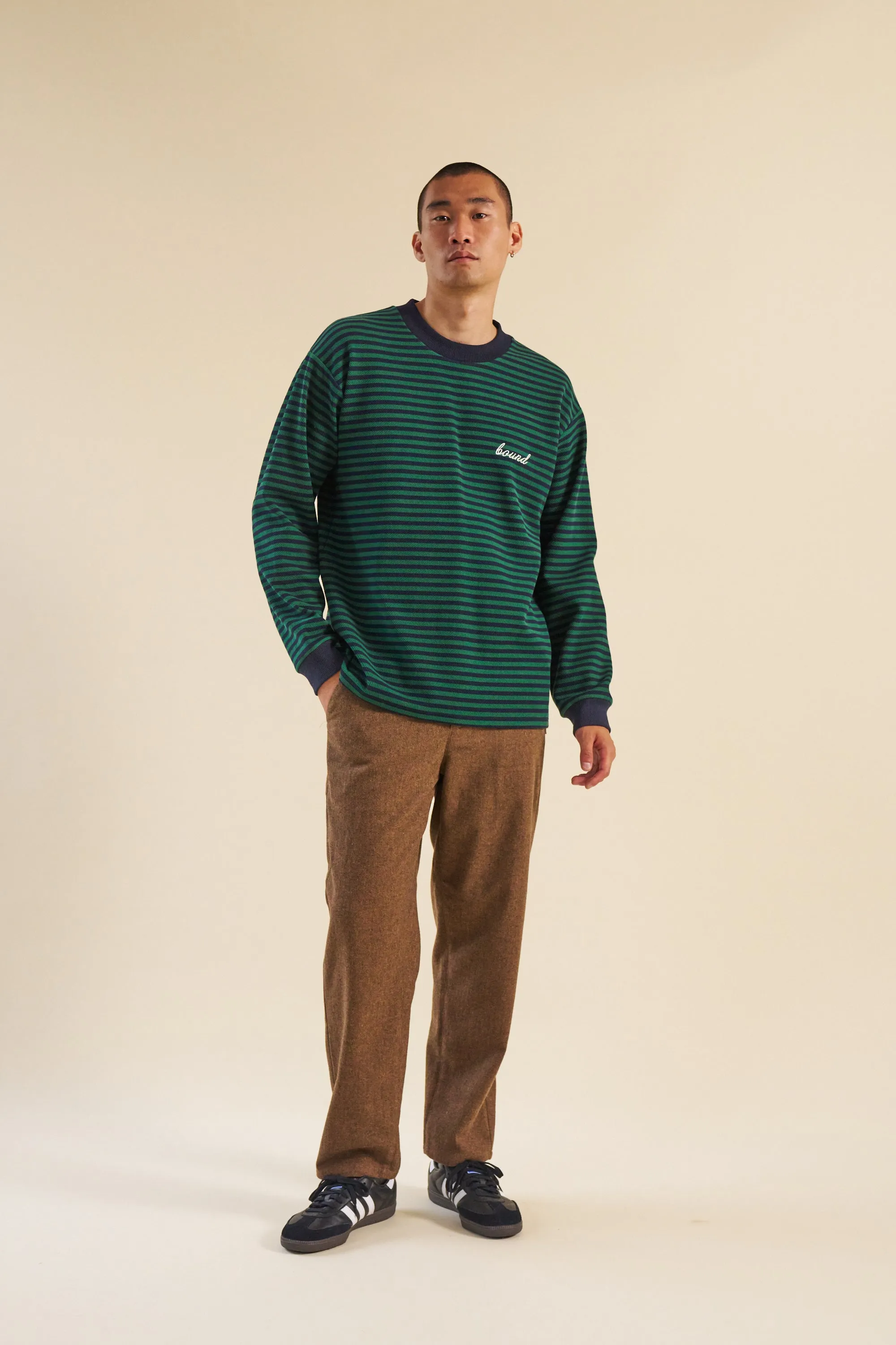 bound Navy & Green Textured Stripe LS Tee