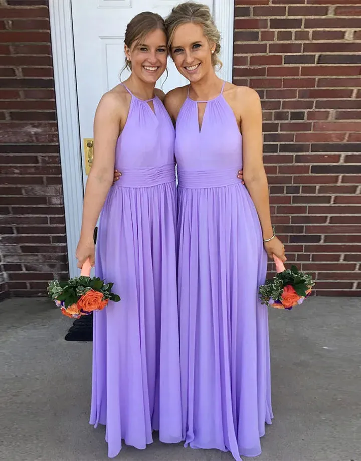 Bridesmaid Dress A-Line Floor Length Halter Neckline Chiffon