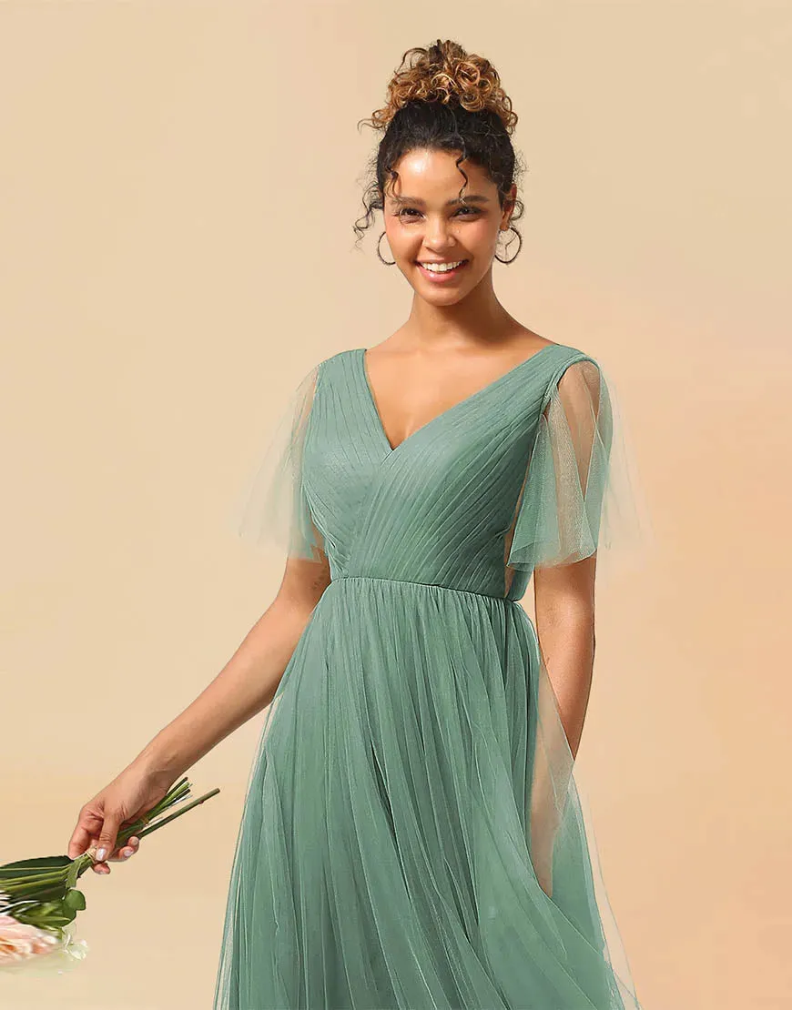 Bridesmaid Dress A-Line V-Neck Floor Length Tulle