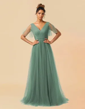 Bridesmaid Dress A-Line V-Neck Floor Length Tulle