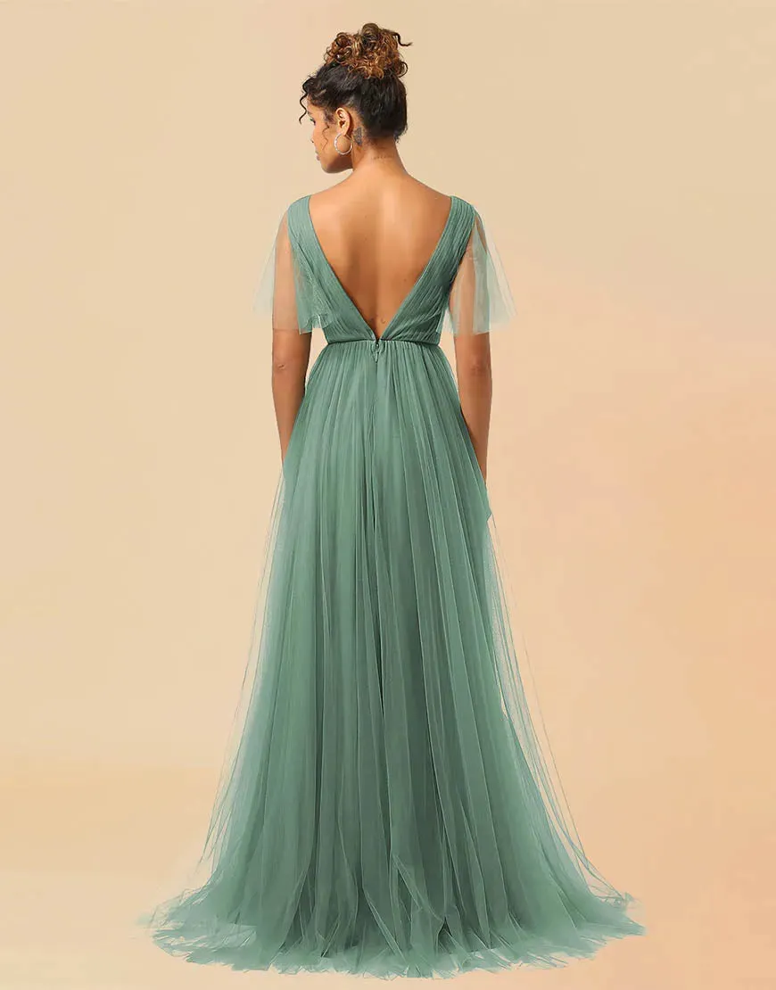 Bridesmaid Dress A-Line V-Neck Floor Length Tulle