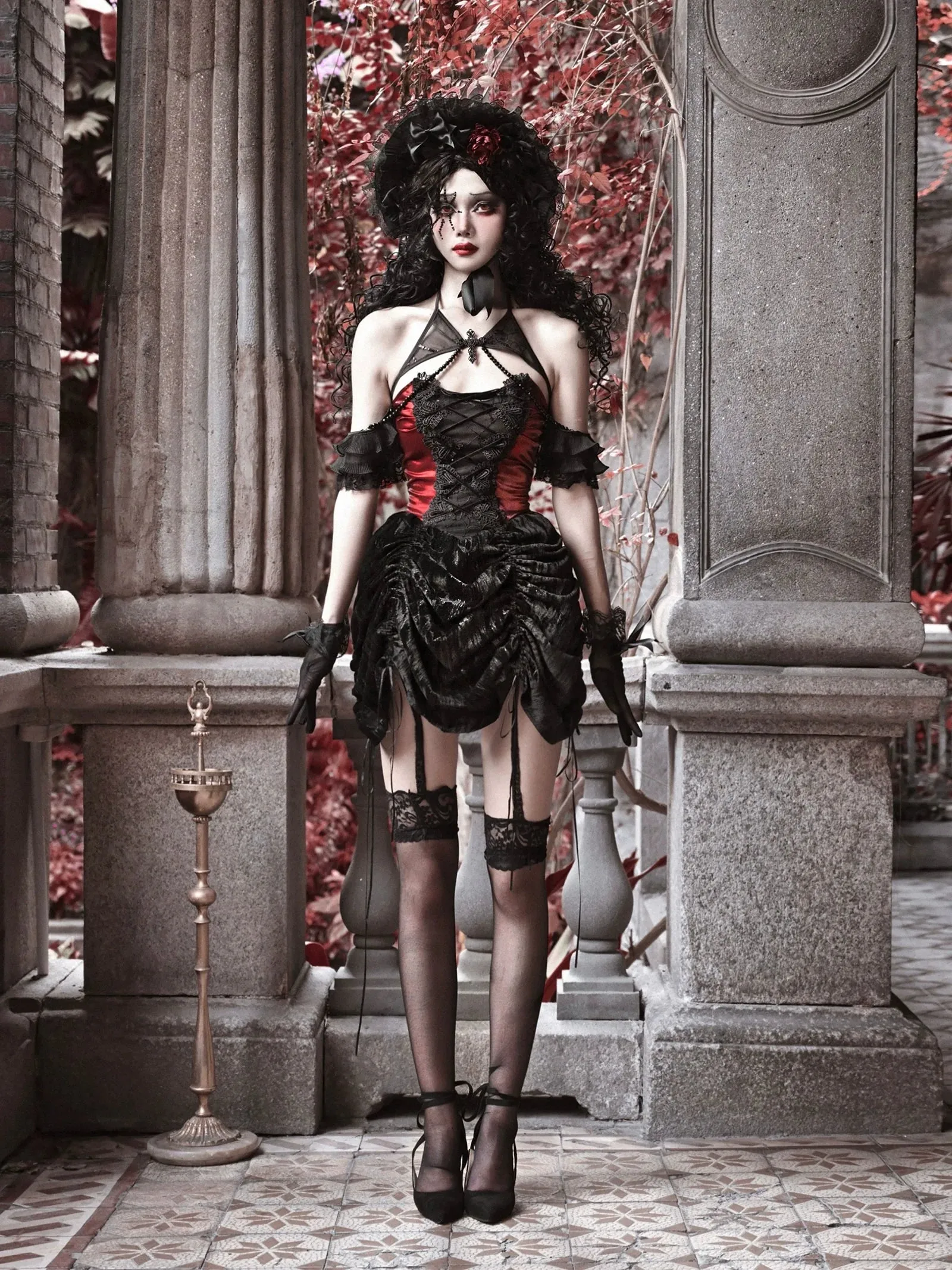 Bustier Gothic Neck Spider Drawstring Velvet Dress Halter