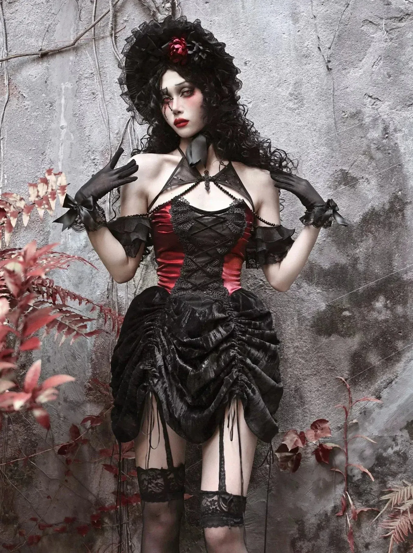 Bustier Gothic Neck Spider Drawstring Velvet Dress Halter
