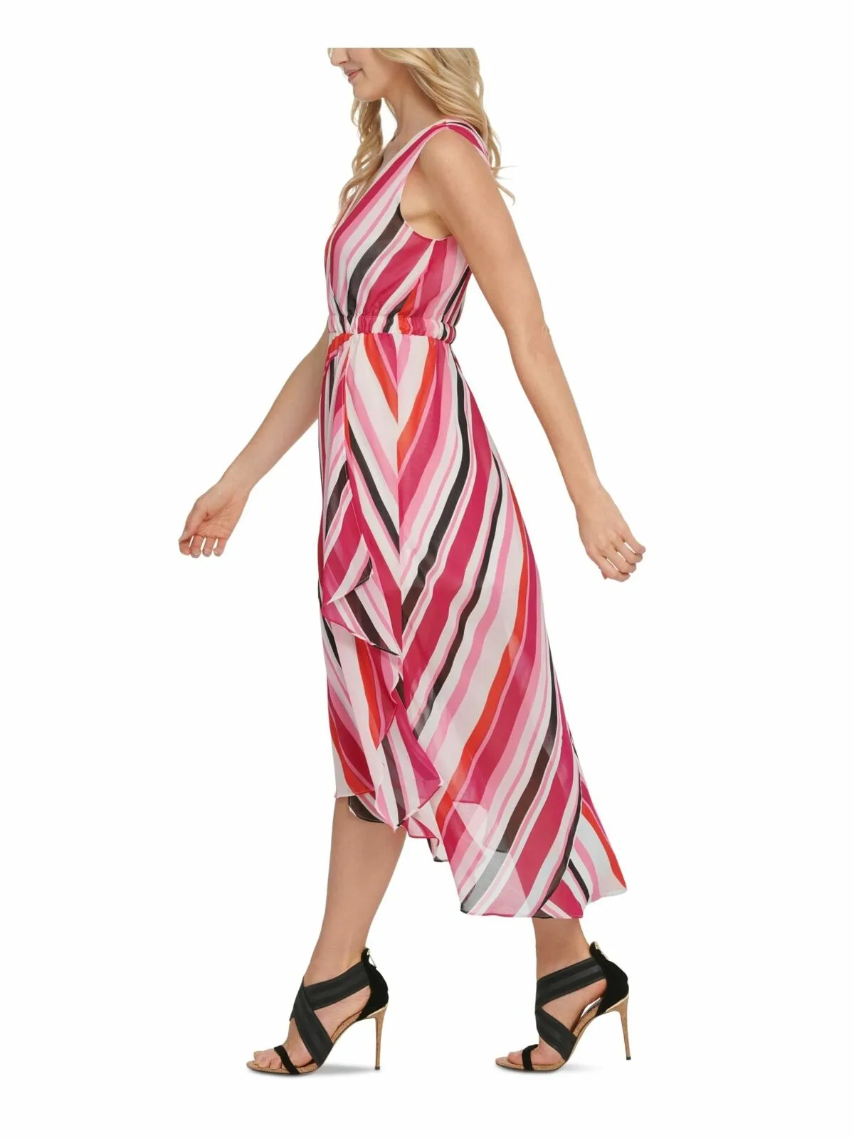 DKNY Women's Pink Striped Sleeveless Sheath Midi Dress