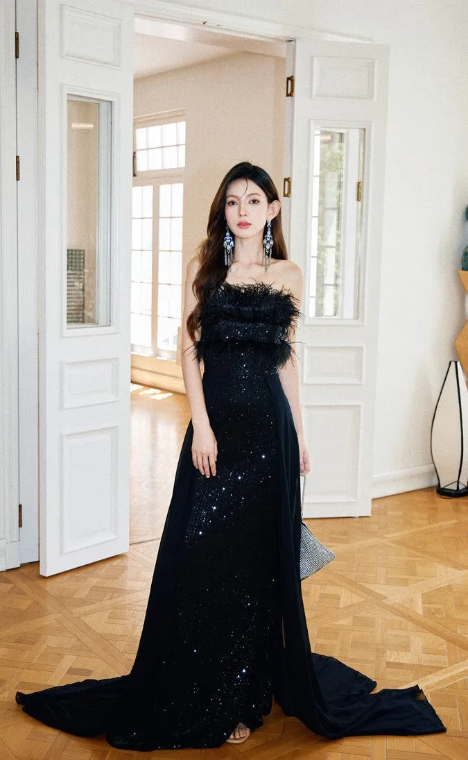 DOLLY Elegant Black Sleeveless Feather Tube Top Sequin Long Cocktail Dress-KYVELI (V)