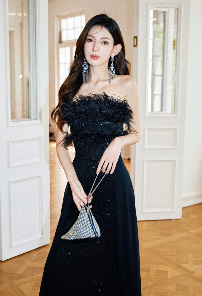 DOLLY Elegant Black Sleeveless Feather Tube Top Sequin Long Cocktail Dress-KYVELI (V)