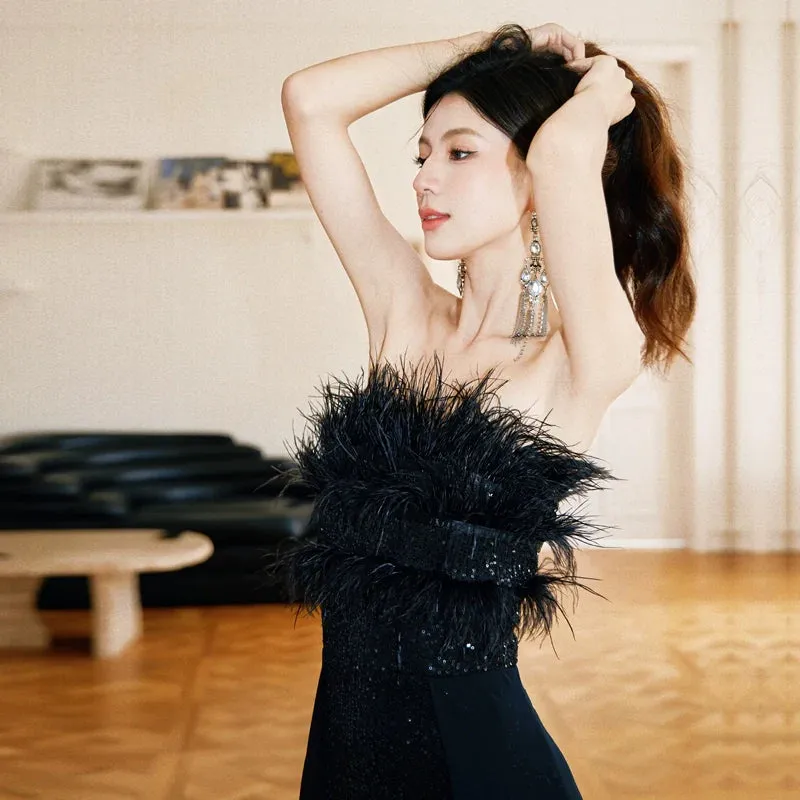 DOLLY Elegant Black Sleeveless Feather Tube Top Sequin Long Cocktail Dress-KYVELI (V)