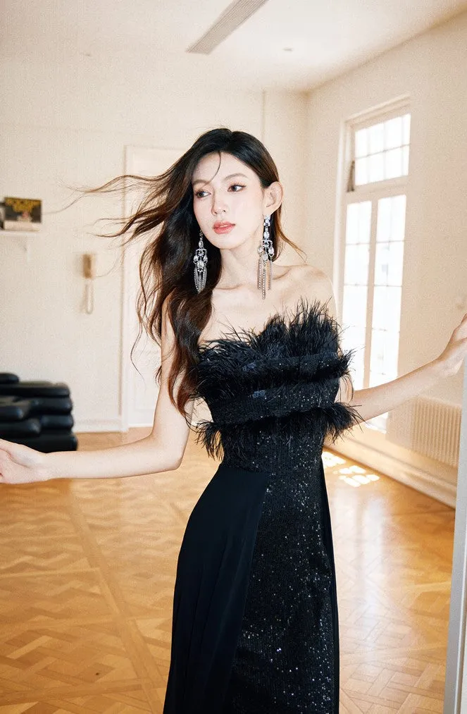 DOLLY Elegant Black Sleeveless Feather Tube Top Sequin Long Cocktail Dress-KYVELI (V)