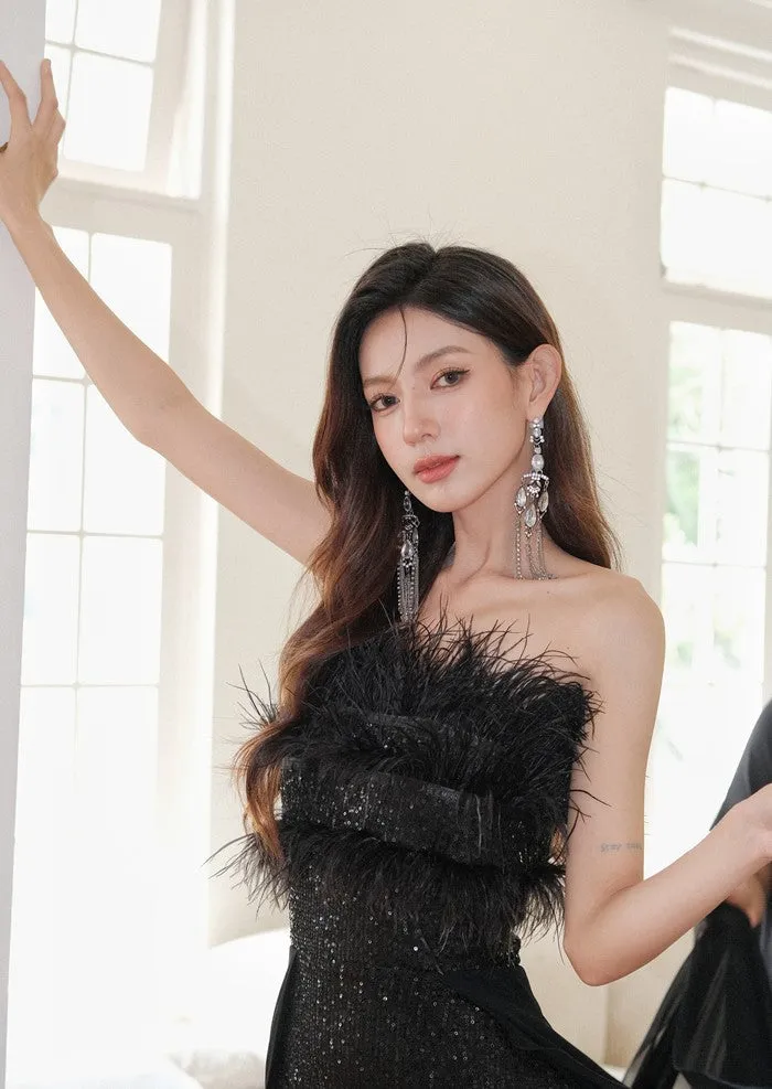 DOLLY Elegant Black Sleeveless Feather Tube Top Sequin Long Cocktail Dress-KYVELI (V)