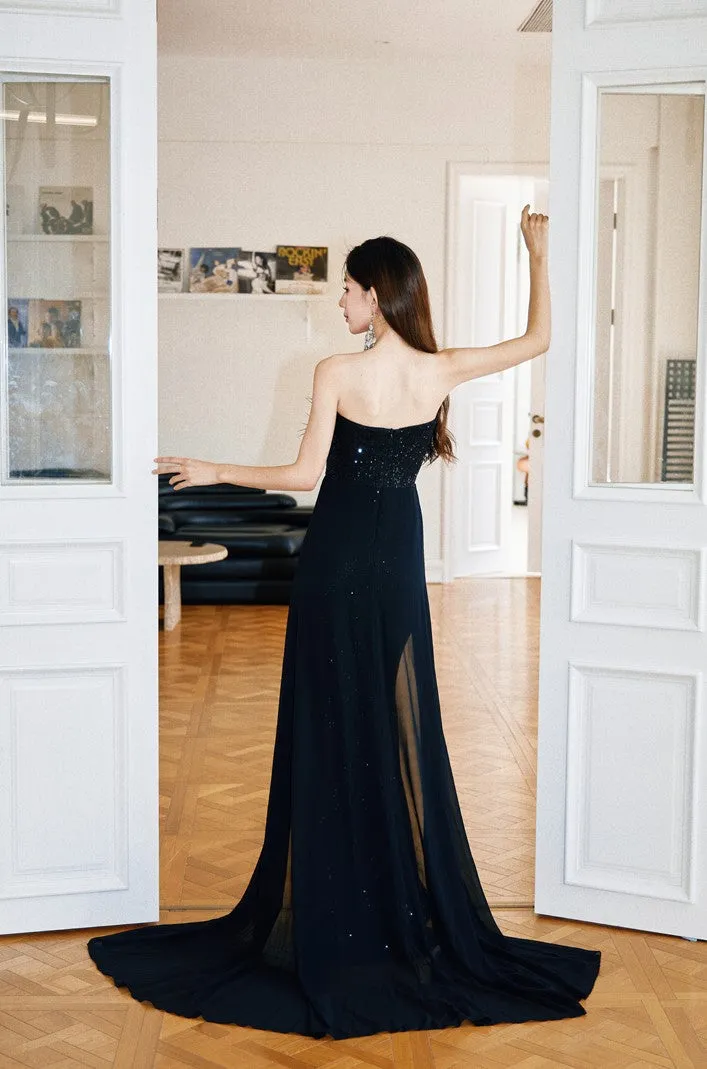 DOLLY Elegant Black Sleeveless Feather Tube Top Sequin Long Cocktail Dress-KYVELI (V)