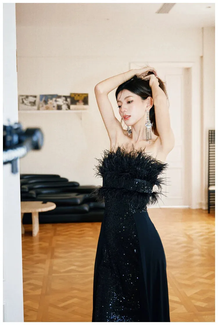 DOLLY Elegant Black Sleeveless Feather Tube Top Sequin Long Cocktail Dress-KYVELI (V)