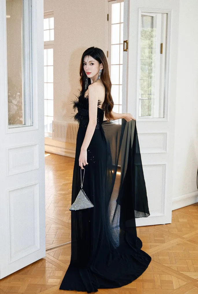 DOLLY Elegant Black Sleeveless Feather Tube Top Sequin Long Cocktail Dress-KYVELI (V)