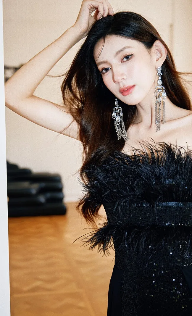 DOLLY Elegant Black Sleeveless Feather Tube Top Sequin Long Cocktail Dress-KYVELI (V)