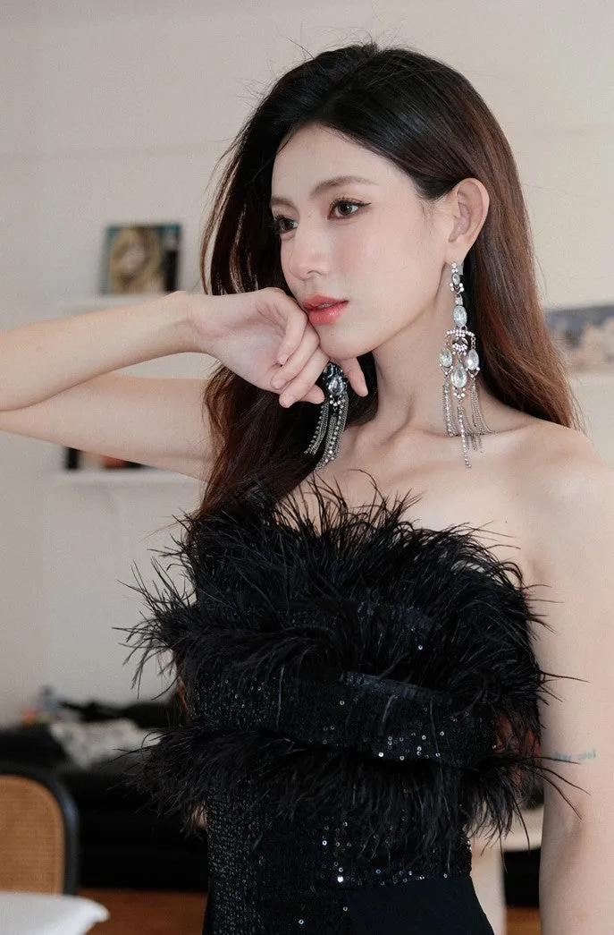 DOLLY Elegant Black Sleeveless Feather Tube Top Sequin Long Cocktail Dress-KYVELI (V)