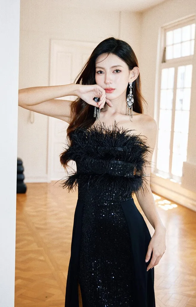 DOLLY Elegant Black Sleeveless Feather Tube Top Sequin Long Cocktail Dress-KYVELI (V)