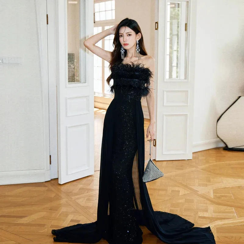DOLLY Elegant Black Sleeveless Feather Tube Top Sequin Long Cocktail Dress-KYVELI (V)