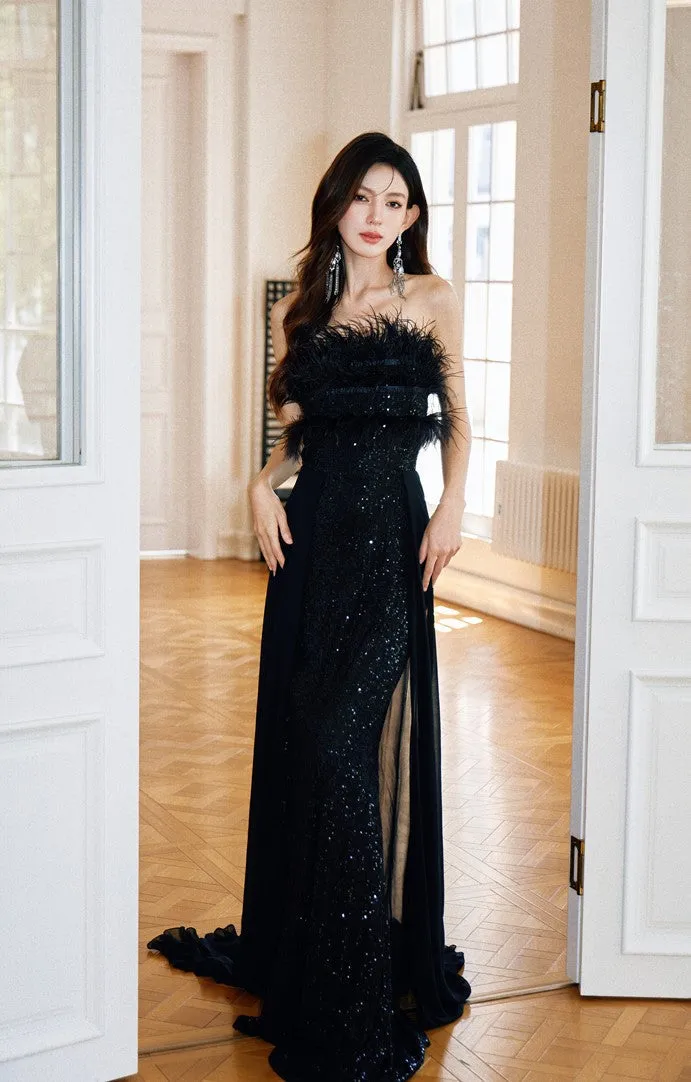 DOLLY Elegant Black Sleeveless Feather Tube Top Sequin Long Cocktail Dress-KYVELI (V)