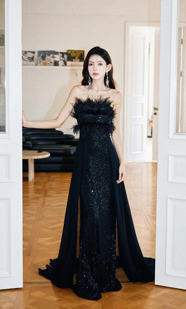 DOLLY Elegant Black Sleeveless Feather Tube Top Sequin Long Cocktail Dress-KYVELI (V)