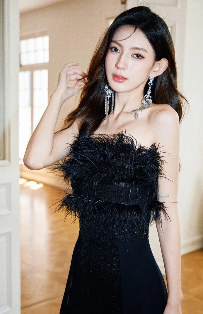 DOLLY Elegant Black Sleeveless Feather Tube Top Sequin Long Cocktail Dress-KYVELI (V)
