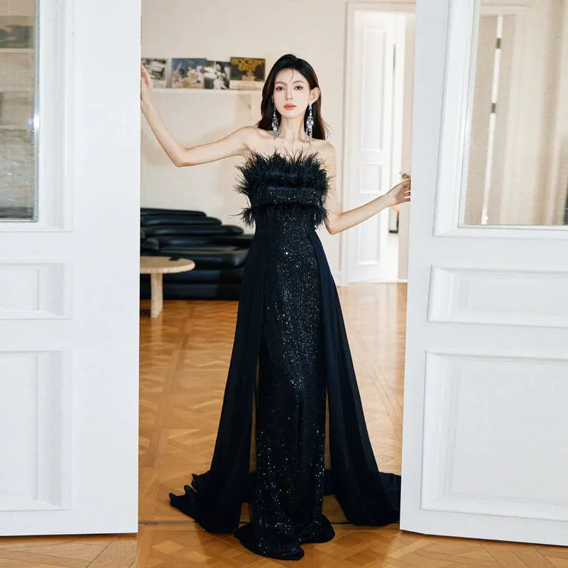 DOLLY Elegant Black Sleeveless Feather Tube Top Sequin Long Cocktail Dress-KYVELI (V)