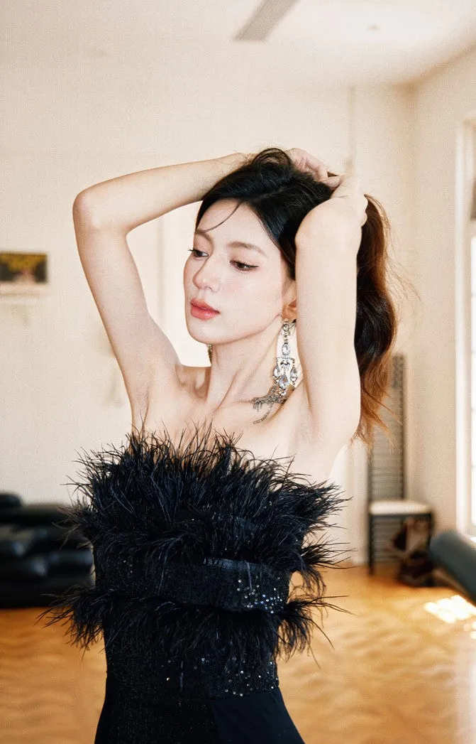 DOLLY Elegant Black Sleeveless Feather Tube Top Sequin Long Cocktail Dress-KYVELI (V)