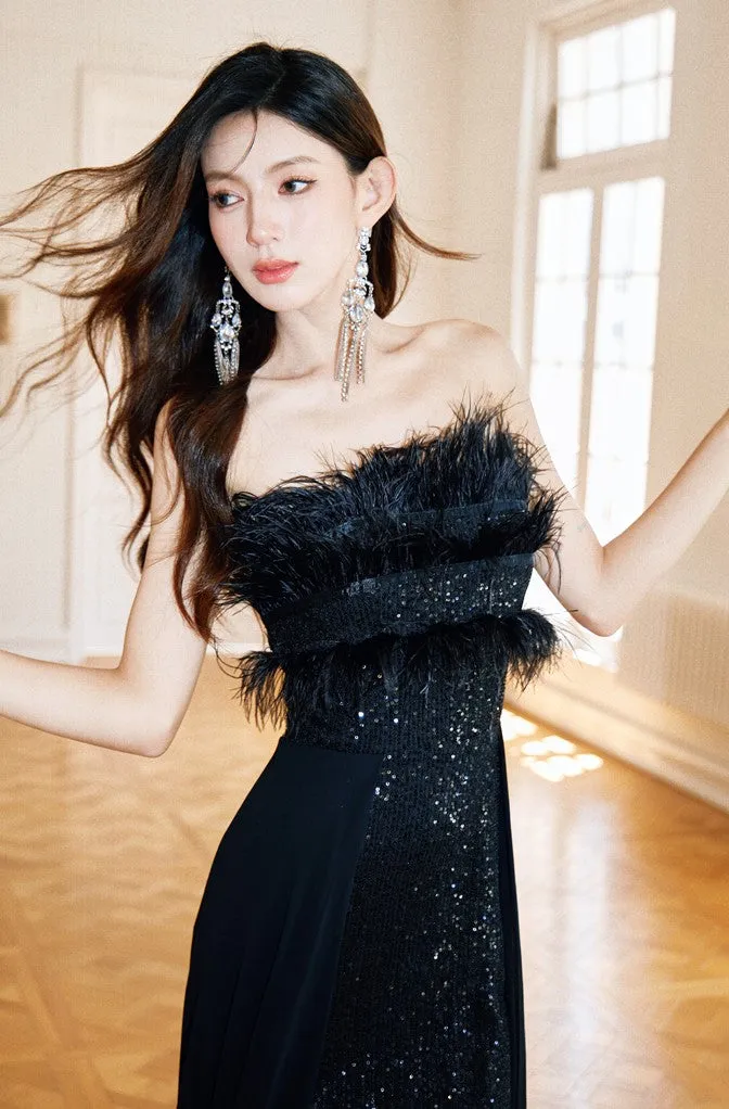DOLLY Elegant Black Sleeveless Feather Tube Top Sequin Long Cocktail Dress-KYVELI (V)