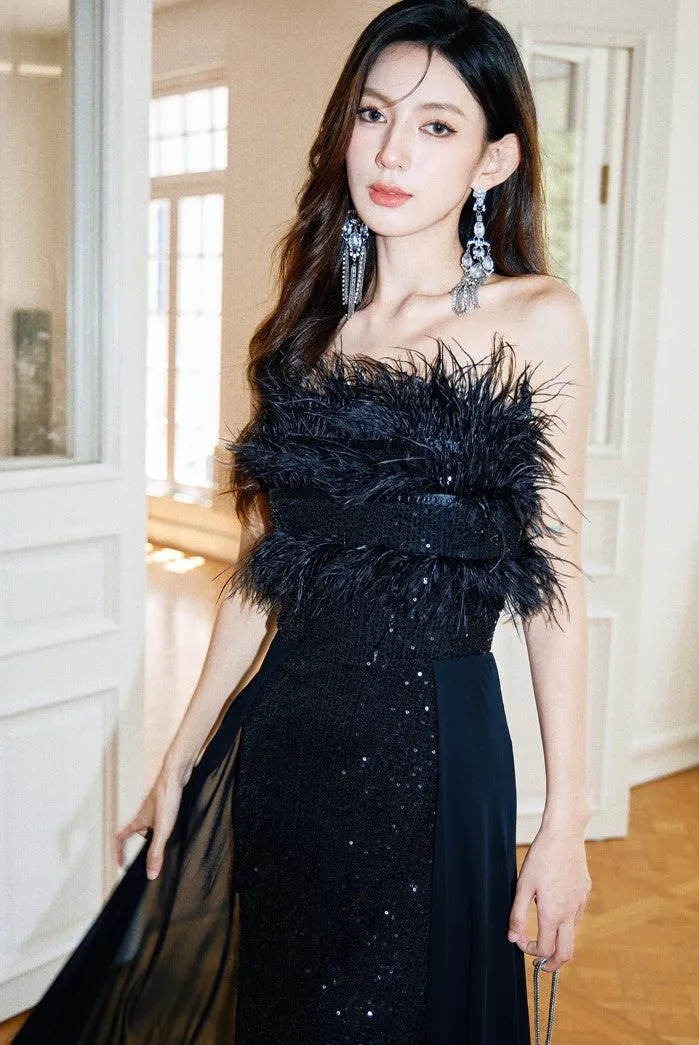 DOLLY Elegant Black Sleeveless Feather Tube Top Sequin Long Cocktail Dress-KYVELI (V)