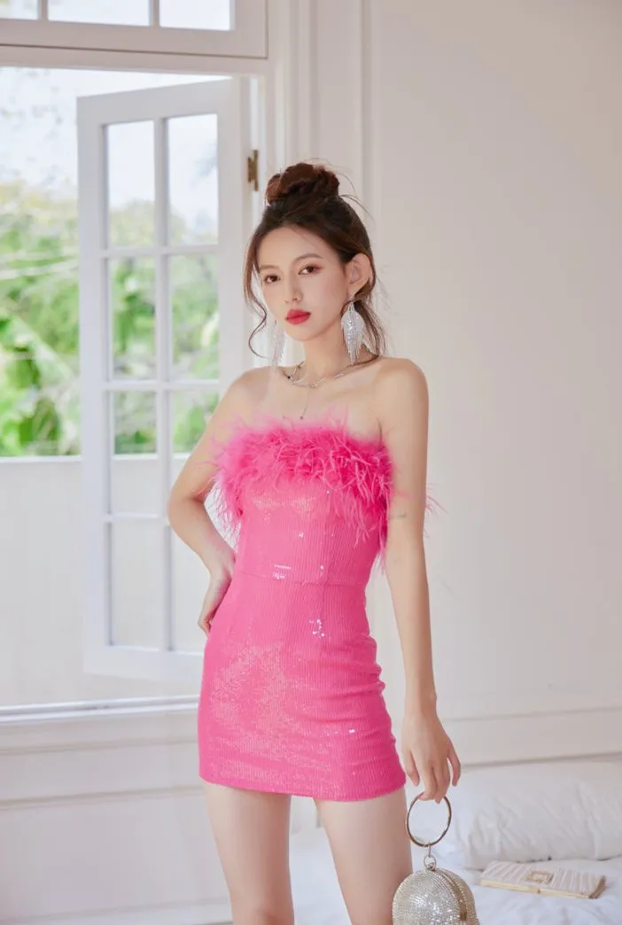 DOLLY Elegant Pink Off Shoulder Feather Sequin Tube Top Short Party Dress-AMELIA
