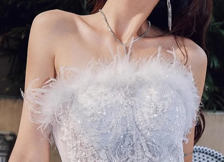 DOLLY Elegant Sleeveless Feather Tube Top Embroidery Long Tutu wedding Dress-KYLIE