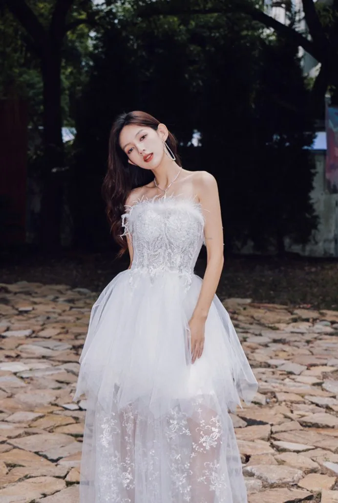 DOLLY Elegant Sleeveless Feather Tube Top Embroidery Long Tutu wedding Dress-KYLIE